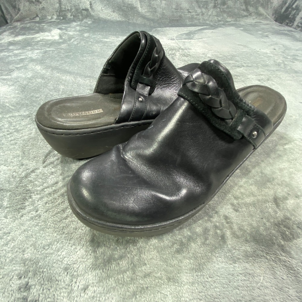 Clarks Collection Shoes Womens 10M Black Leather Ruched Mules Clogs Comfort Soft